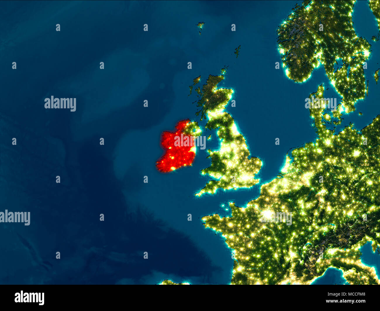 Satellite night view of Ireland highlighted in red on planet Earth. 3D ...