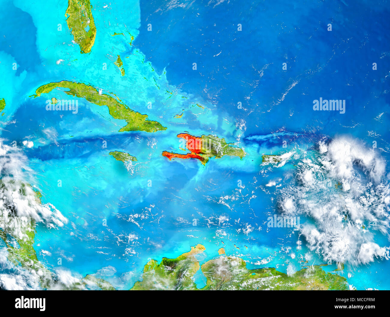 Haiti highlighted in red on planet Earth. 3D illustration. Elements of ...