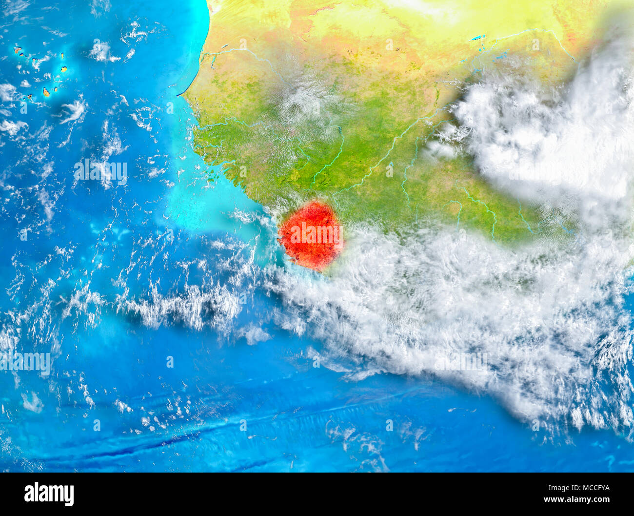 Sierra Leone highlighted in red on planet Earth. 3D illustration ...