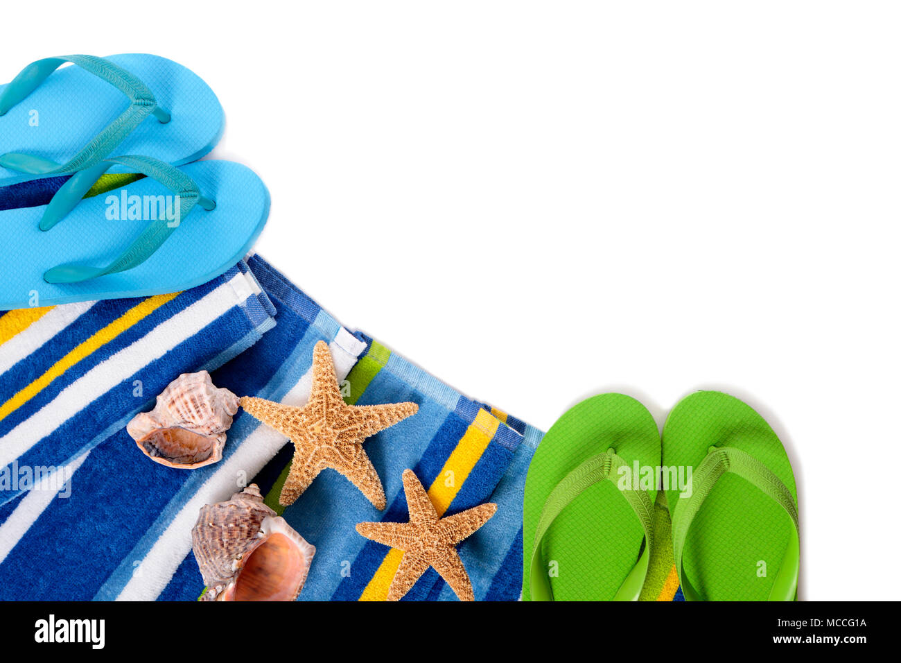 Flip flops and summer beach objects isolated on white background Stock ...