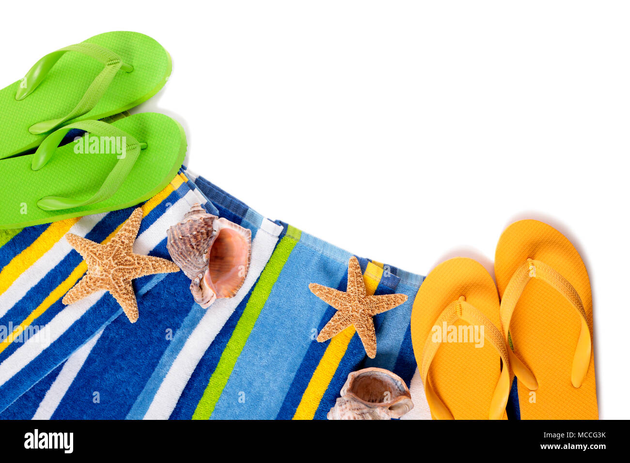Flip flops and summer beach objects isolated on white background Stock ...