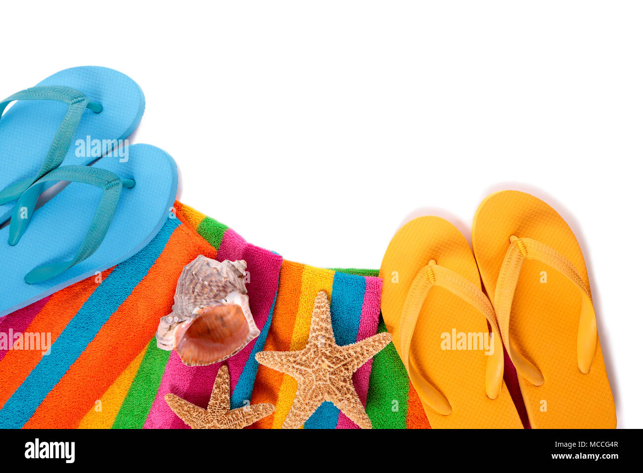 Flip flops and summer beach objects isolated on white background Stock ...