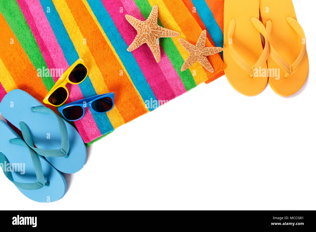 Flip flops and summer beach objects isolated on white background Stock ...