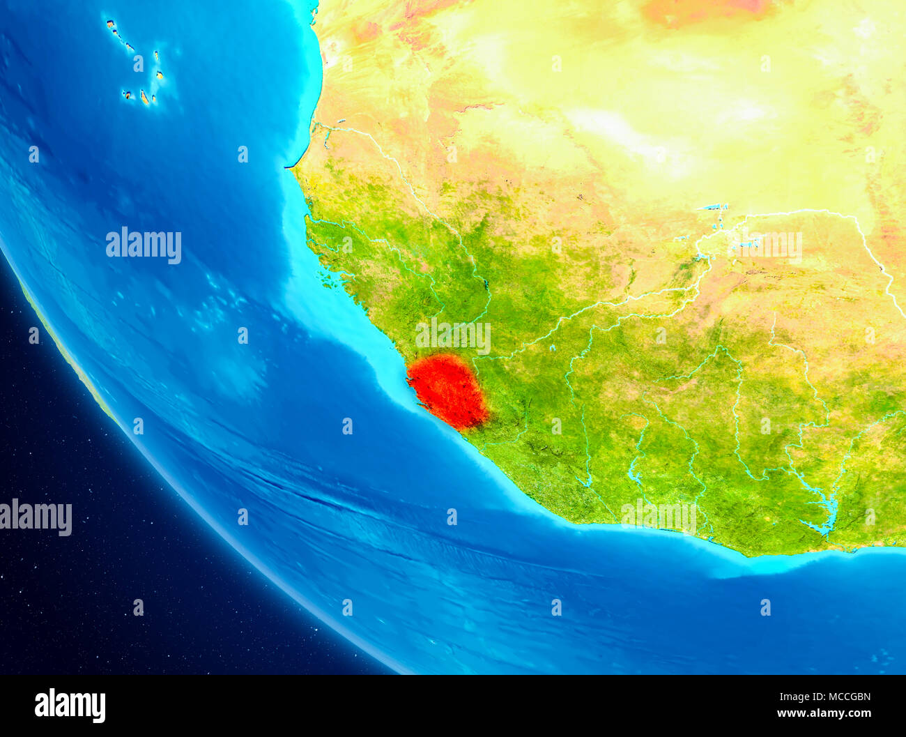 Sierra Leone highlighted in red on planet Earth. 3D illustration ...