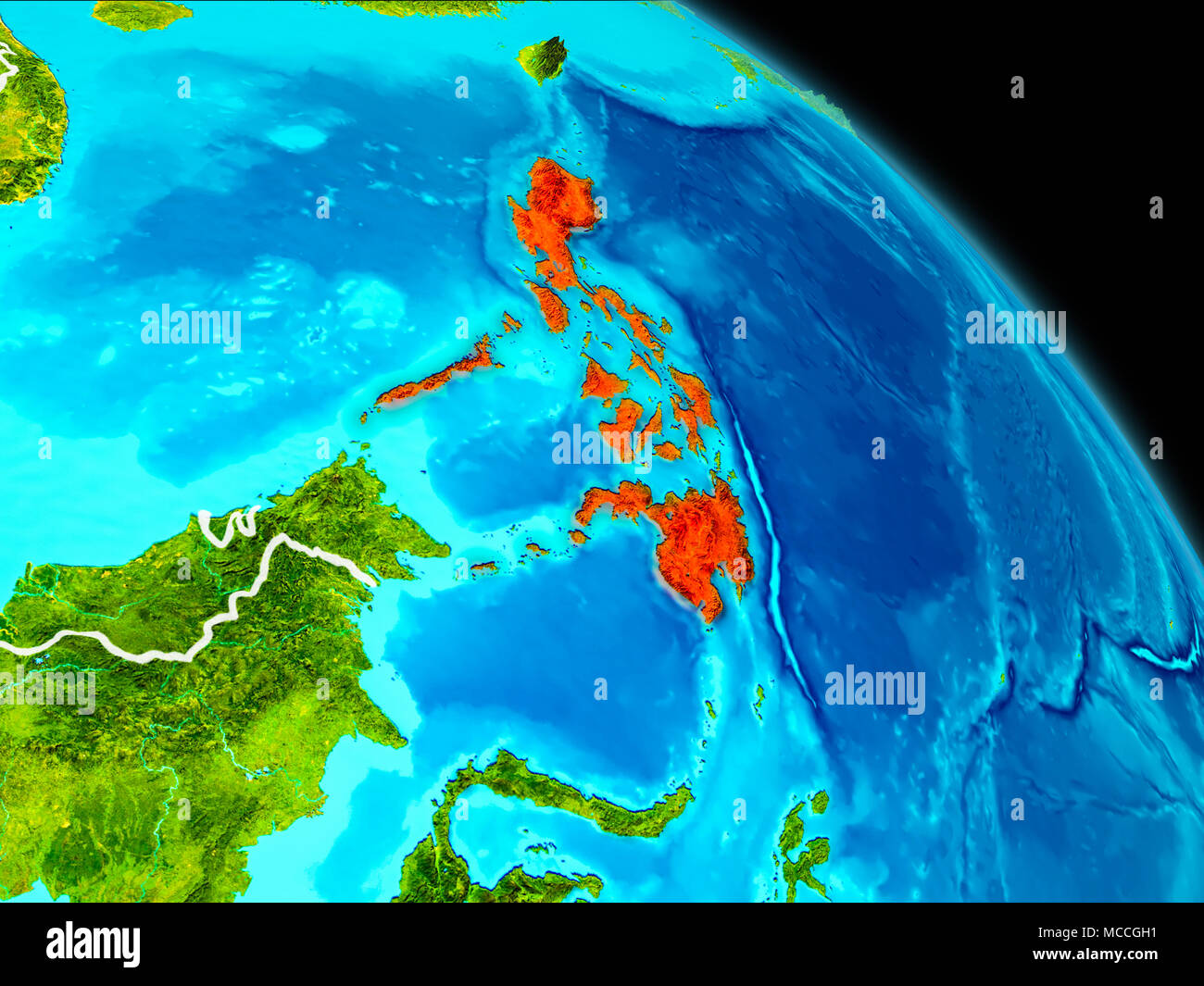 Space orbit view of Philippines highlighted in red on planet Earth with ...