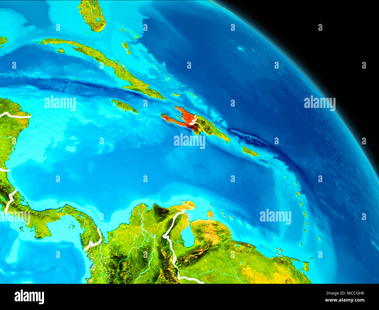 Space orbit view of Haiti highlighted in red on planet Earth with ...