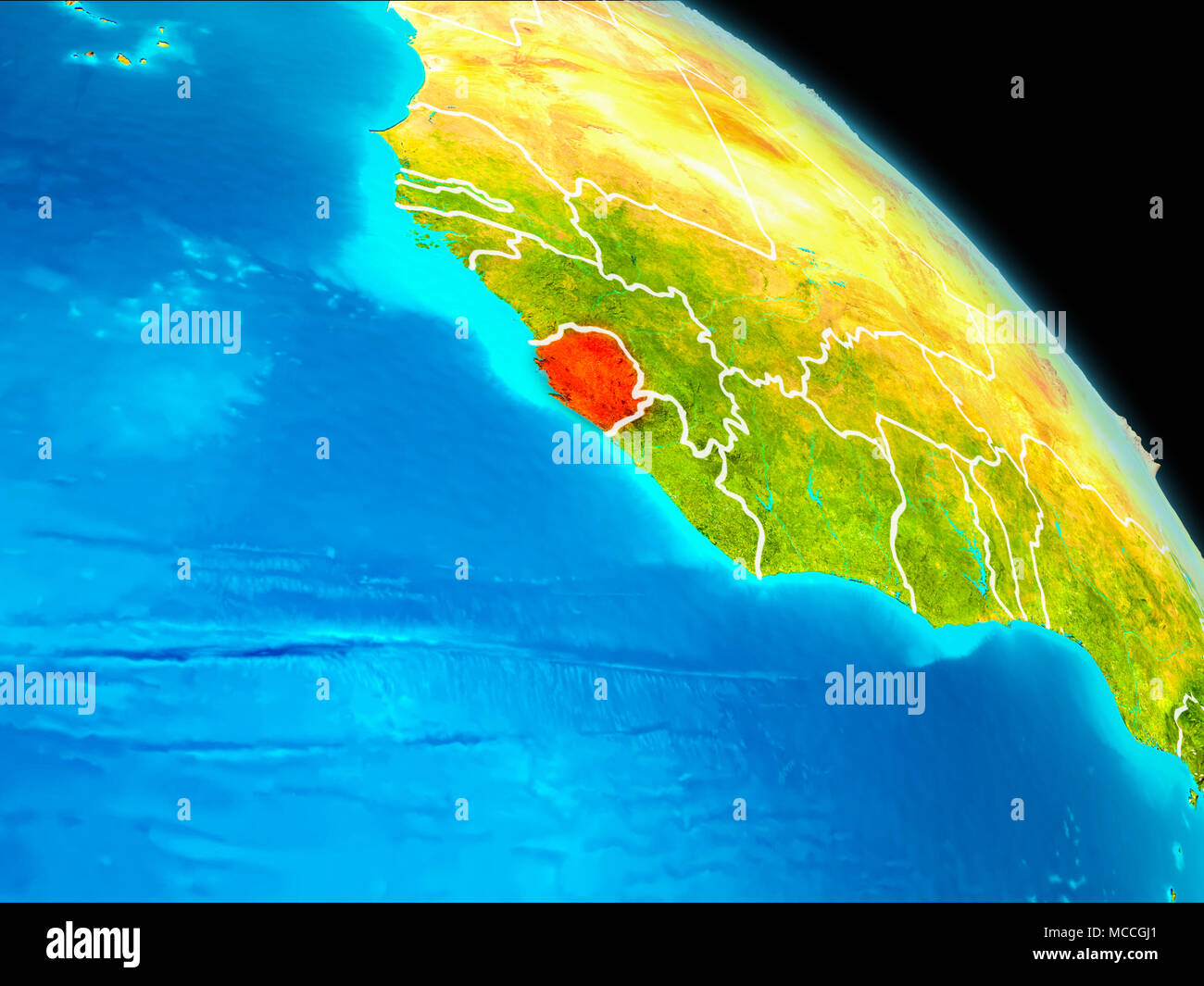 Space orbit view of Sierra Leone highlighted in red on planet Earth ...