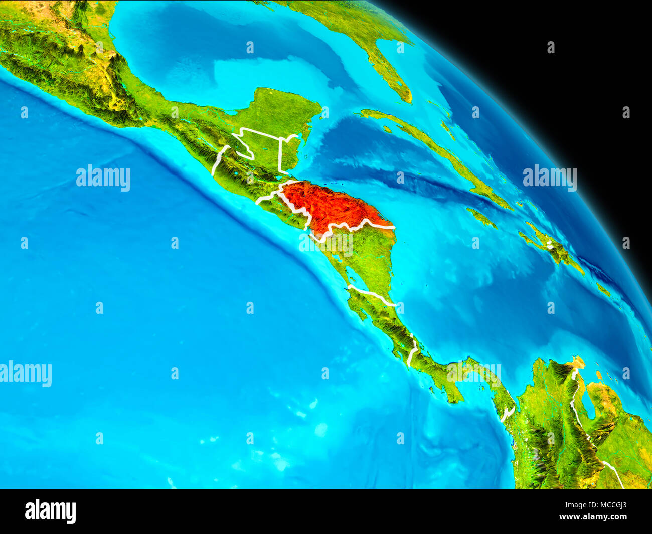 Space orbit view of Honduras highlighted in red on planet Earth with visible borders. 3D illustration. Elements of this image furnished by NASA. Stock Photo