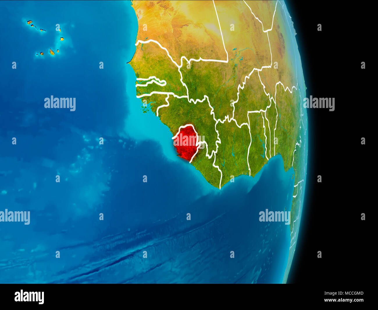Sierra Leone in red on planet Earth with visible borderlines. 3D ...