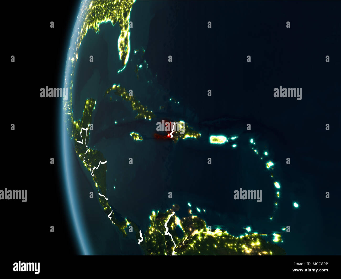 Orbit view of Haiti highlighted in red with visible borderlines and ...