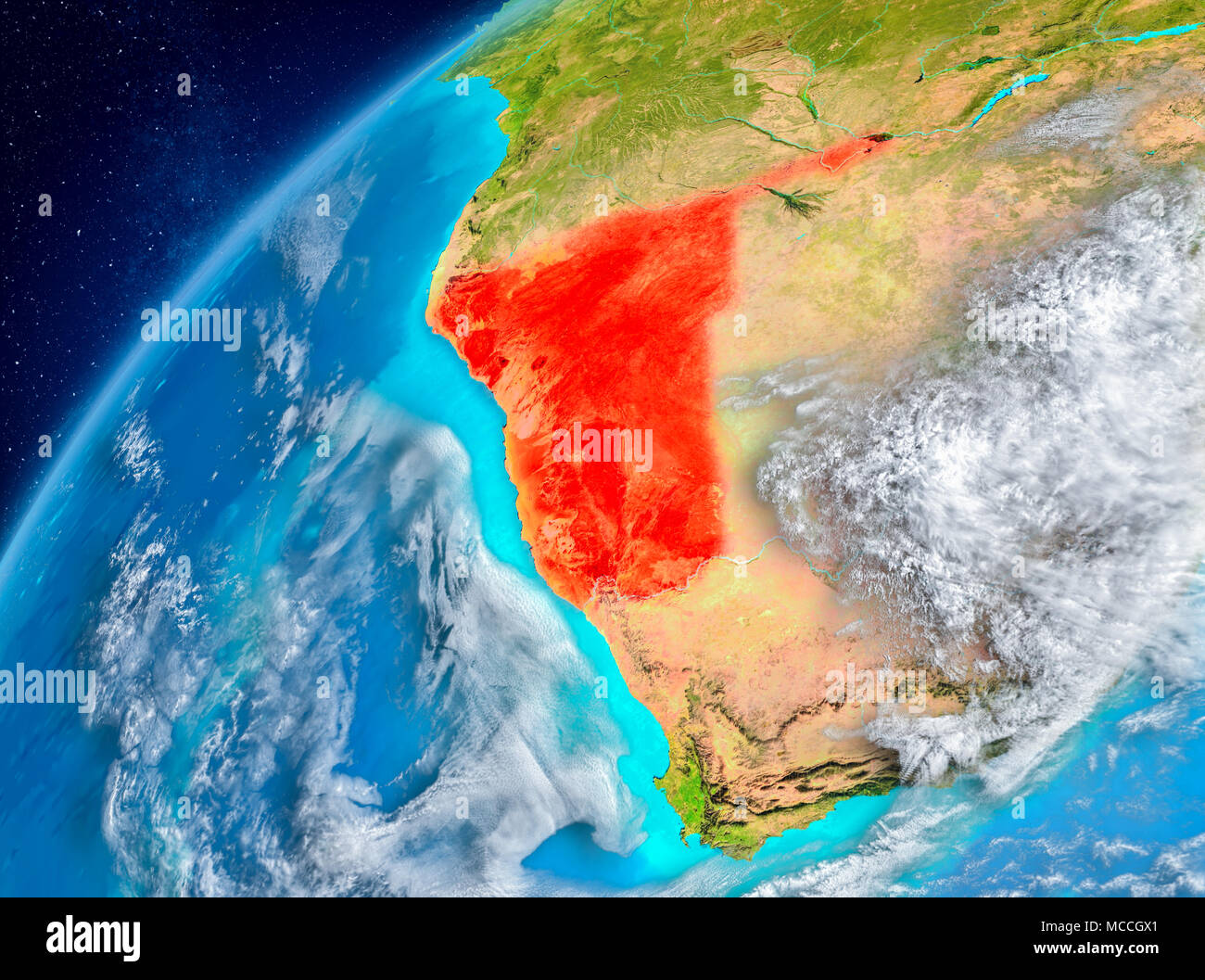 Country of Namibia in red on planet Earth with atmosphere. 3D ...
