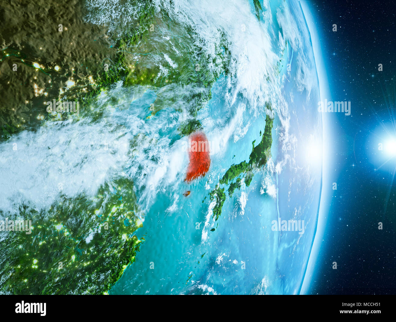 South Korea from orbit of planet Earth with clouds during sunrise with ...