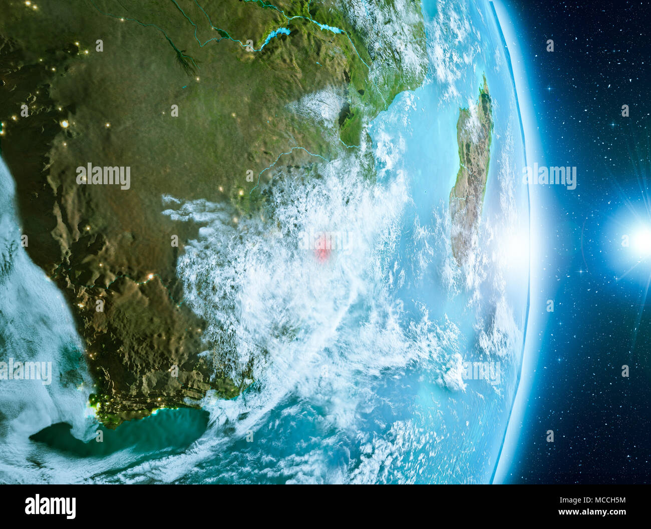 Swaziland from orbit of planet Earth with clouds during sunrise with ...