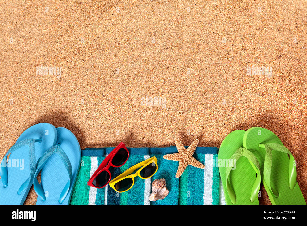 Summer beach background border, flip flops, sand copy space Stock Photo ...
