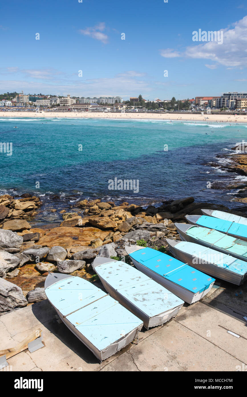 Bondi Beach Sydney Australia is one of the most famous beaches in the world. Tourist and locals enjoy the beautiful water and coast line on the closes Stock Photo