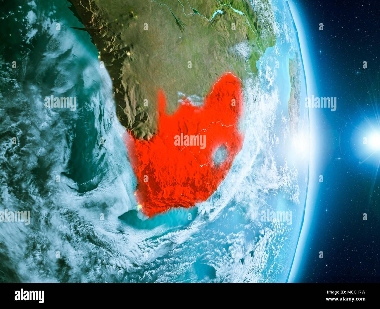 South Africa from orbit of planet Earth with clouds during sunrise with ...