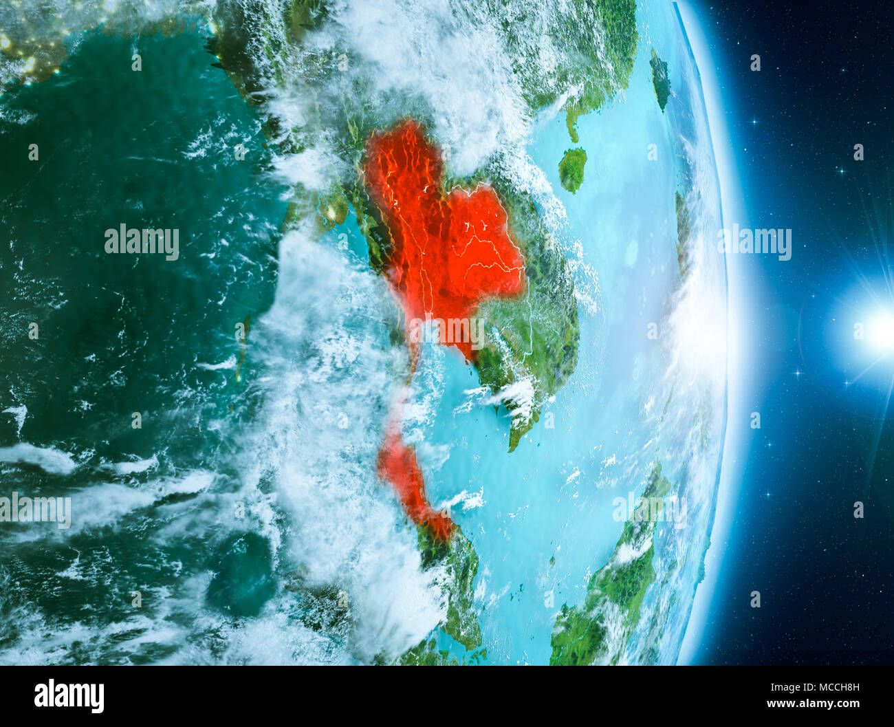 Thailand from orbit of planet Earth with clouds during sunrise with ...