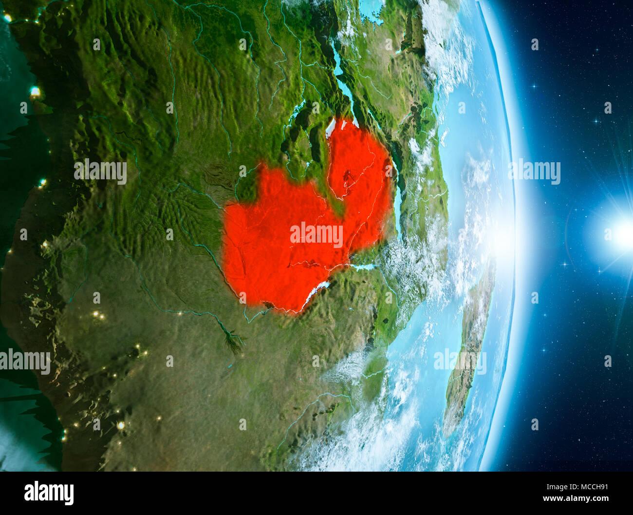 Zambia from orbit of planet Earth with clouds during sunrise with ...