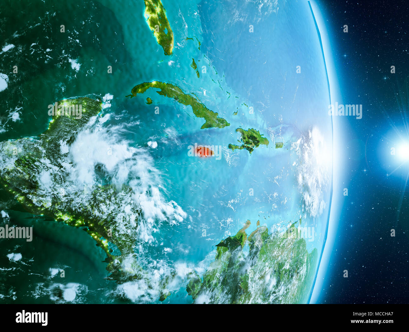 Jamaica from orbit of planet Earth with clouds during sunrise with ...