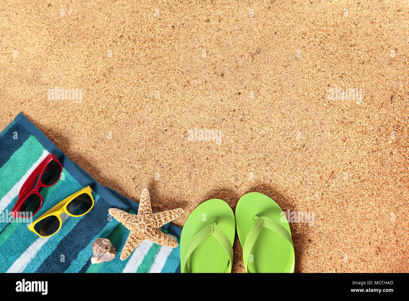 Summer beach background border, flip flops, sand copy space Stock Photo ...