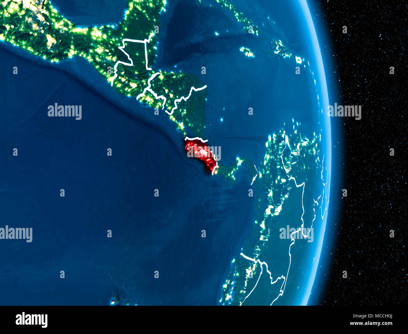 Costa Rica from orbit of planet Earth at night with visible borderlines ...