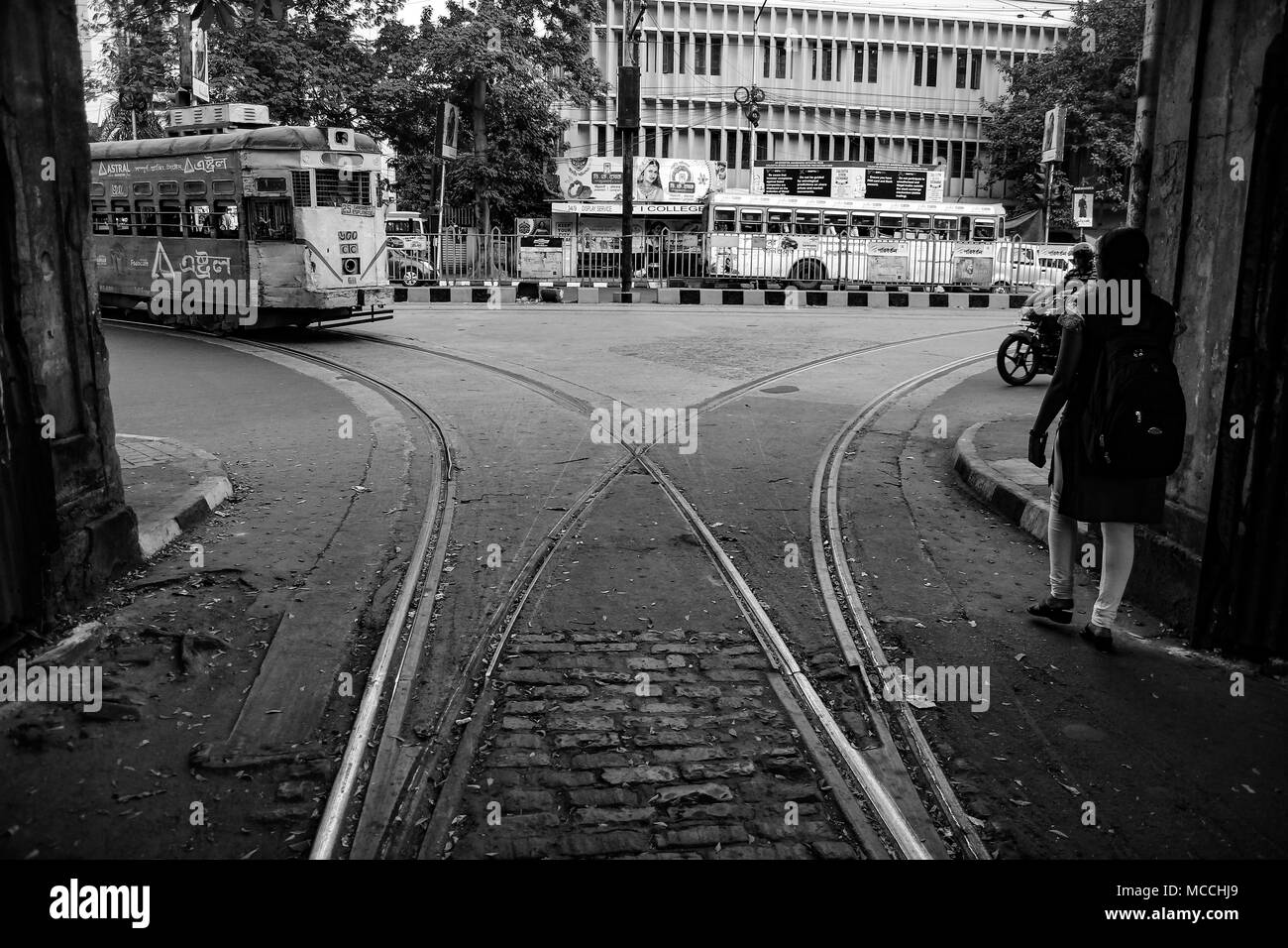 tram approaching in a tram track junction depot in street of kolkata, black and white, Kolkata, India, 2017 Stock Photo