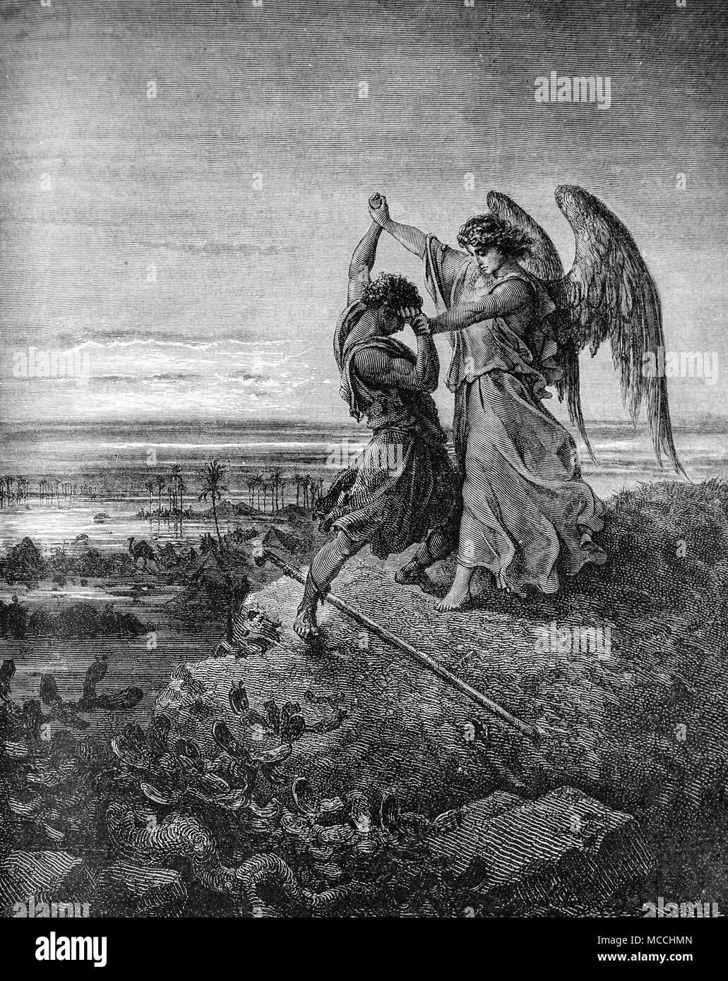 Jacob Wrestling with the Angel. Bible illustration by Gustave Doré Stock Photo