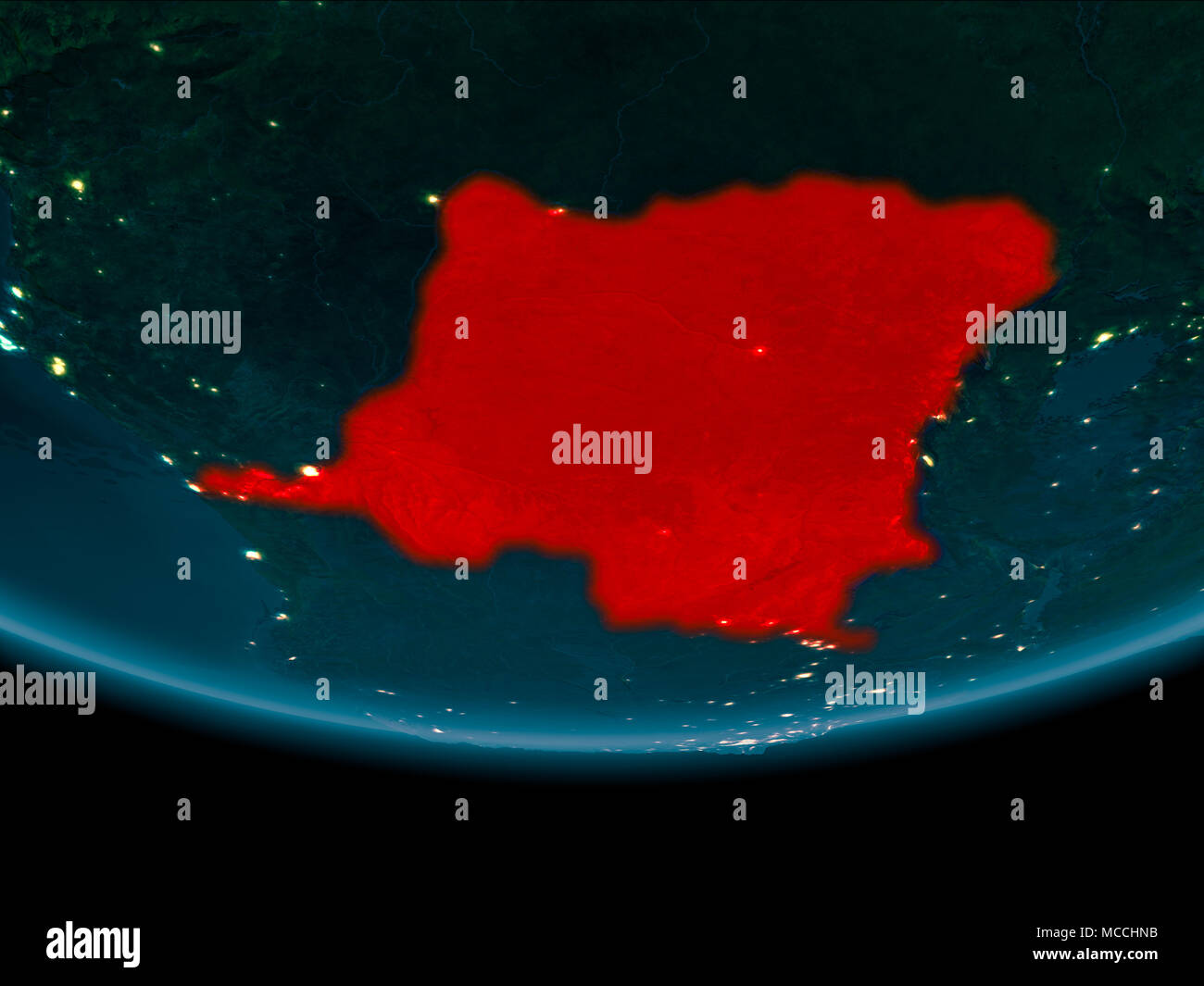 Democratic Republic of Congo at night highlighted in red on planet ...
