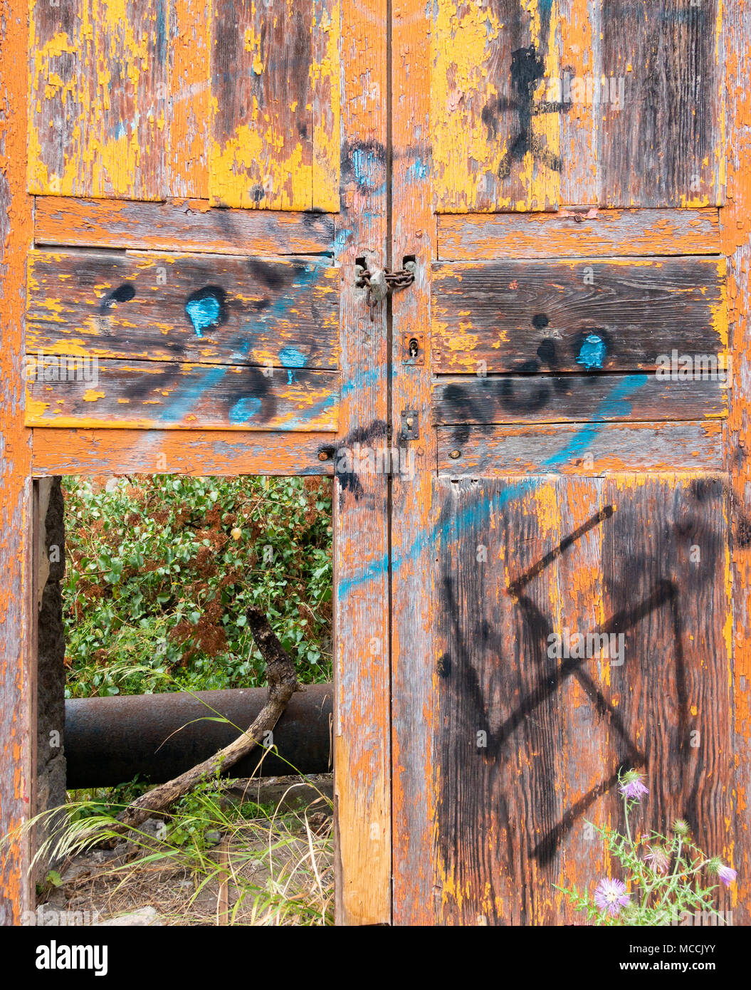 Flaking/peeling paint on old, weathered wooden door with swastika painted on door. Stock Photo