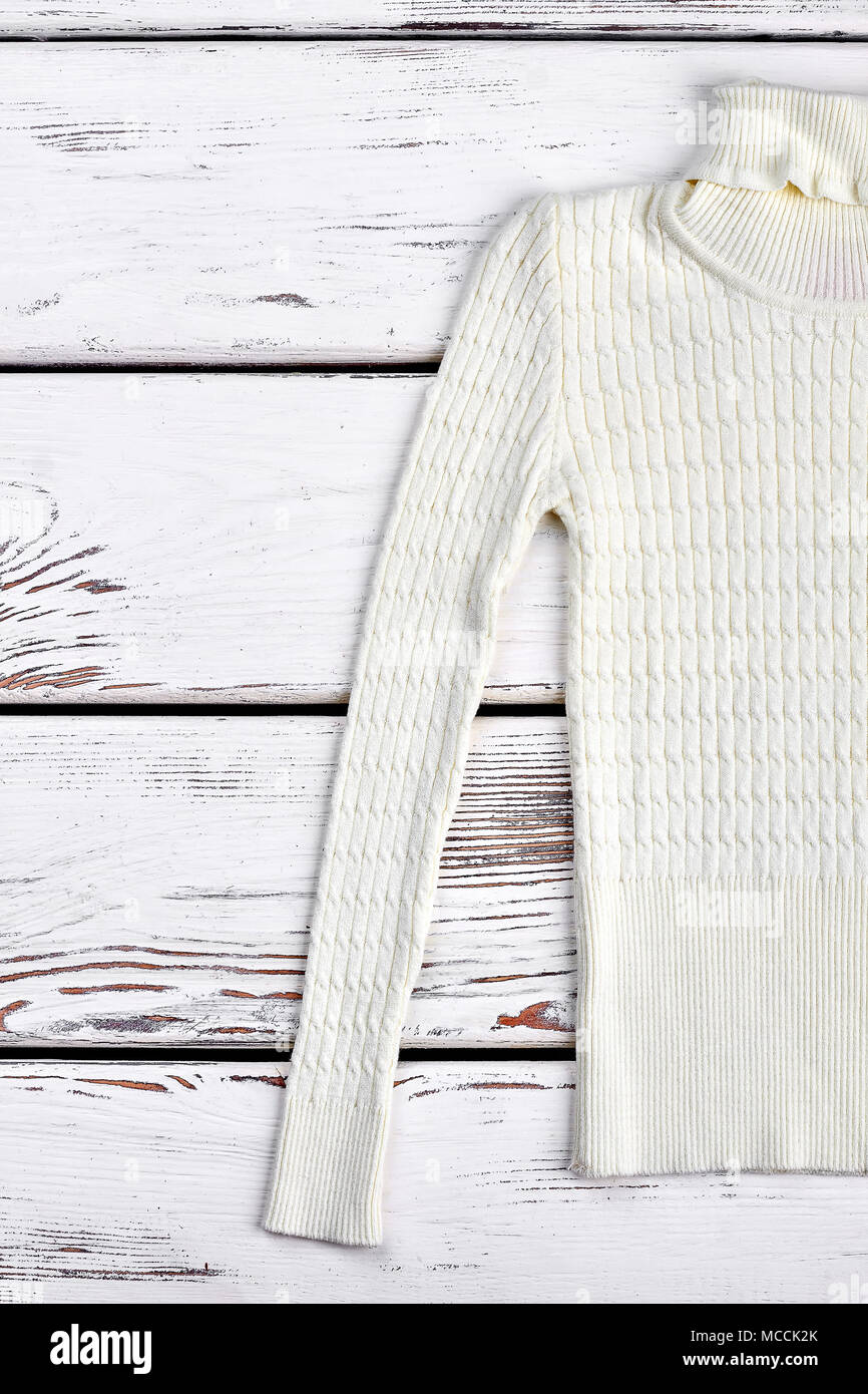 White Knitted Warm Sweater For Kids Turtle Neck Cotton Warm Sweater For Girls On Old Wooden Background Texture Design White Knitted Clothes Stock Photo Alamy