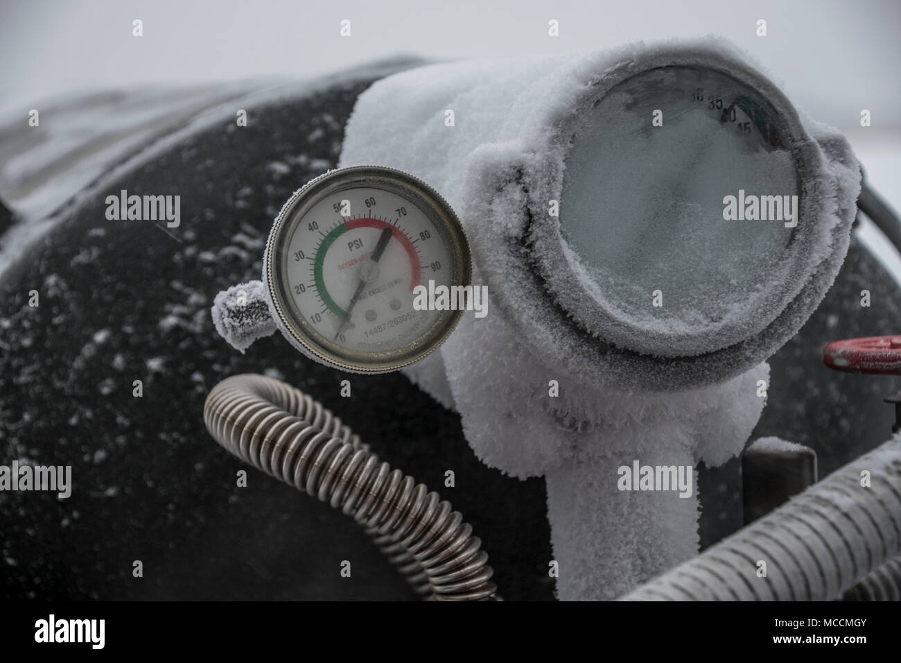 Liquid oxygen freezes the exterior of the pressure gauges on the