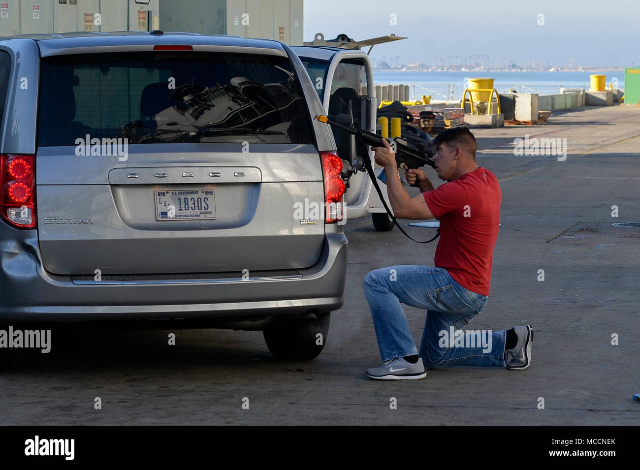 SAN DIEGO (Feb. 7, 2018) A Sailor acts as an active shooter during