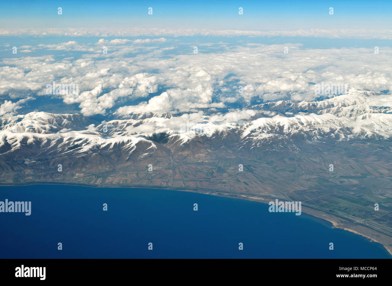 Top View of Lake Sevan and Caucasus Mountains Stock Photo