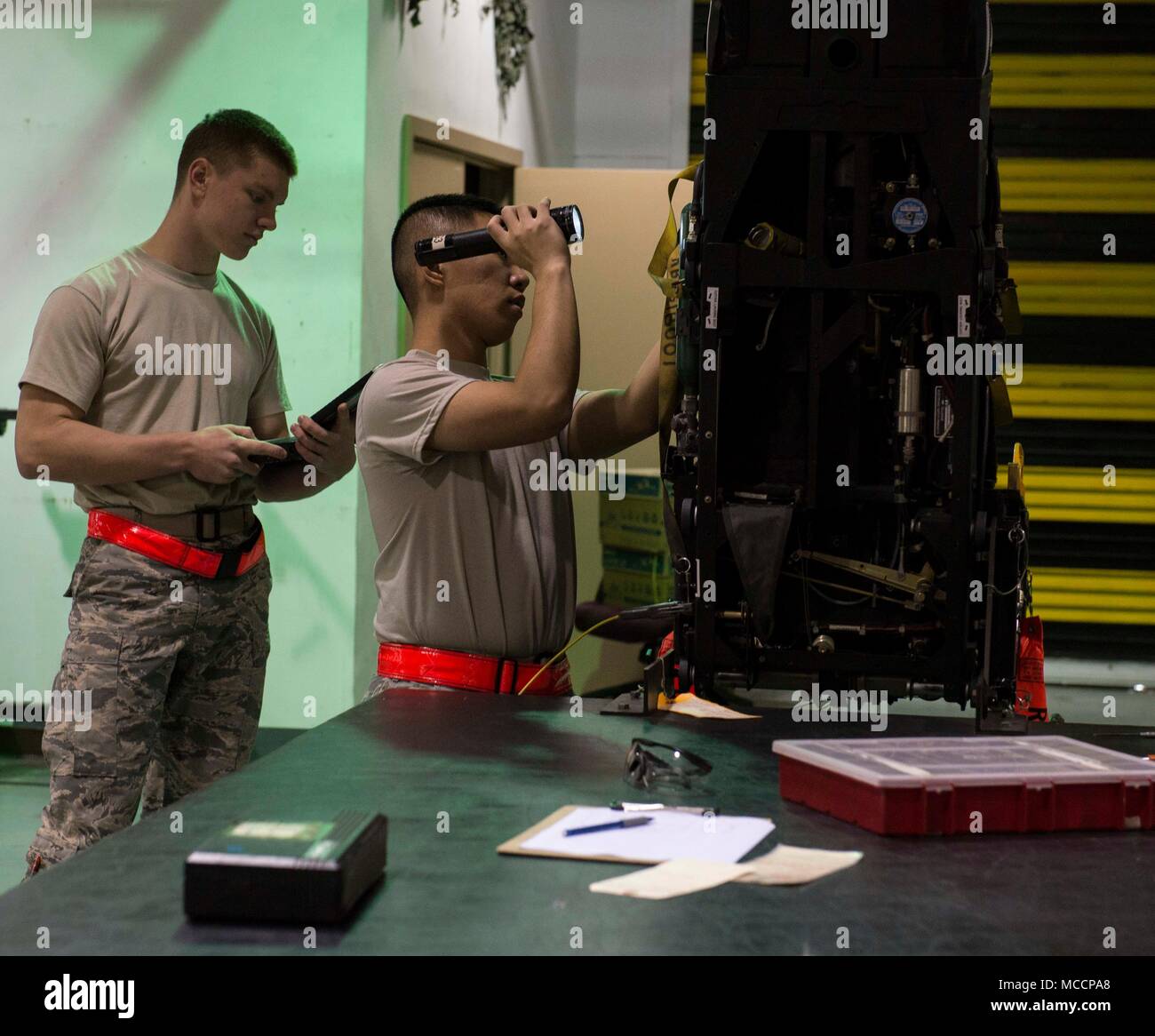 Airmen from the 18th Component Maintenance Squadron egress shop perform ...