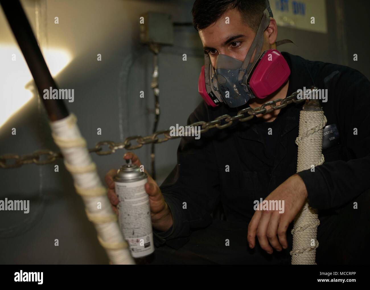 180210NNG0331014 ARABIAN GULF (Feb. 10, 2018) Boatswain’s Mate Seaman Tim Piquette spray