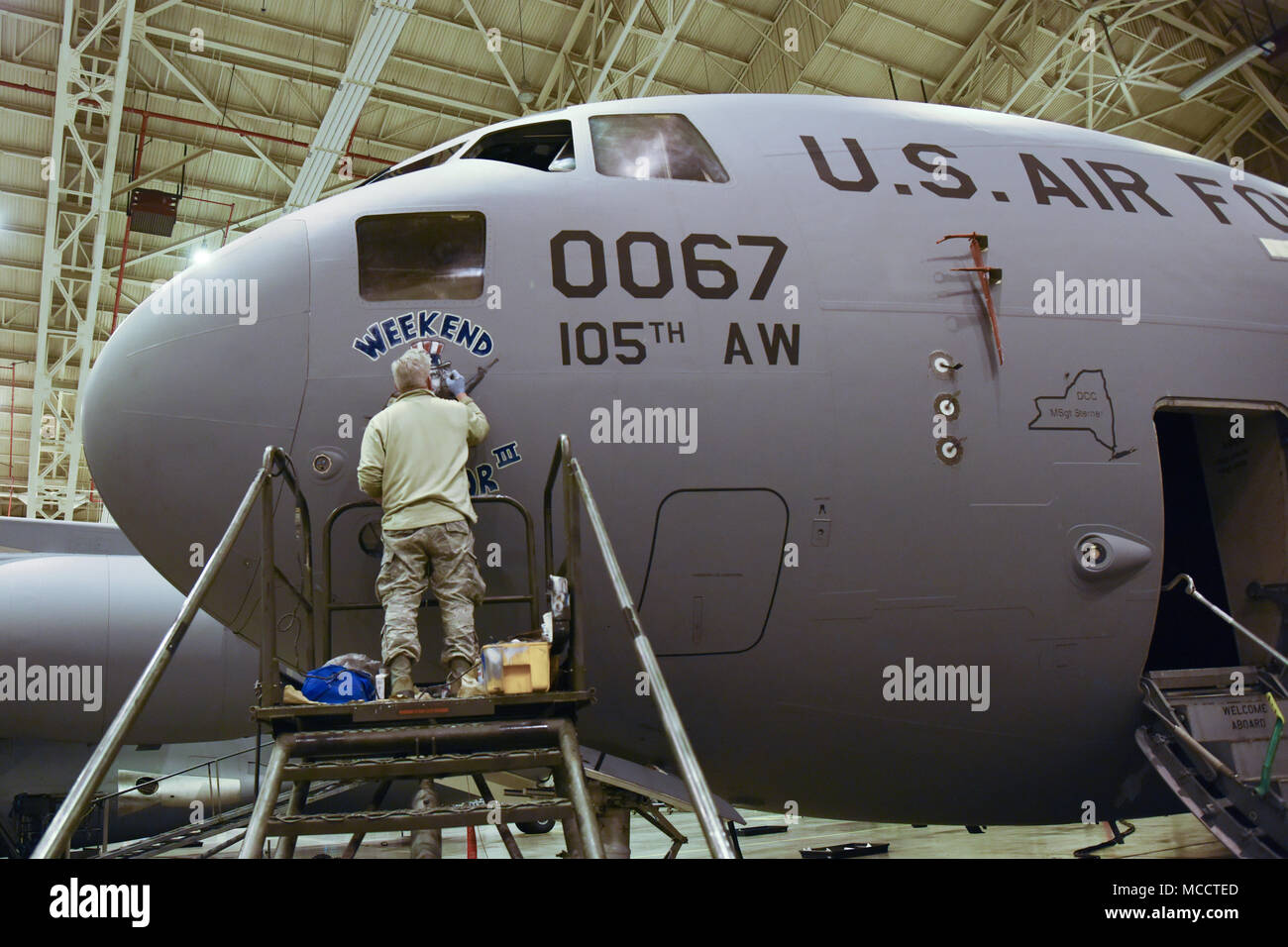 Master Sergeant Doug Havell, 105th Aircraft Maintenance Squadron, puts