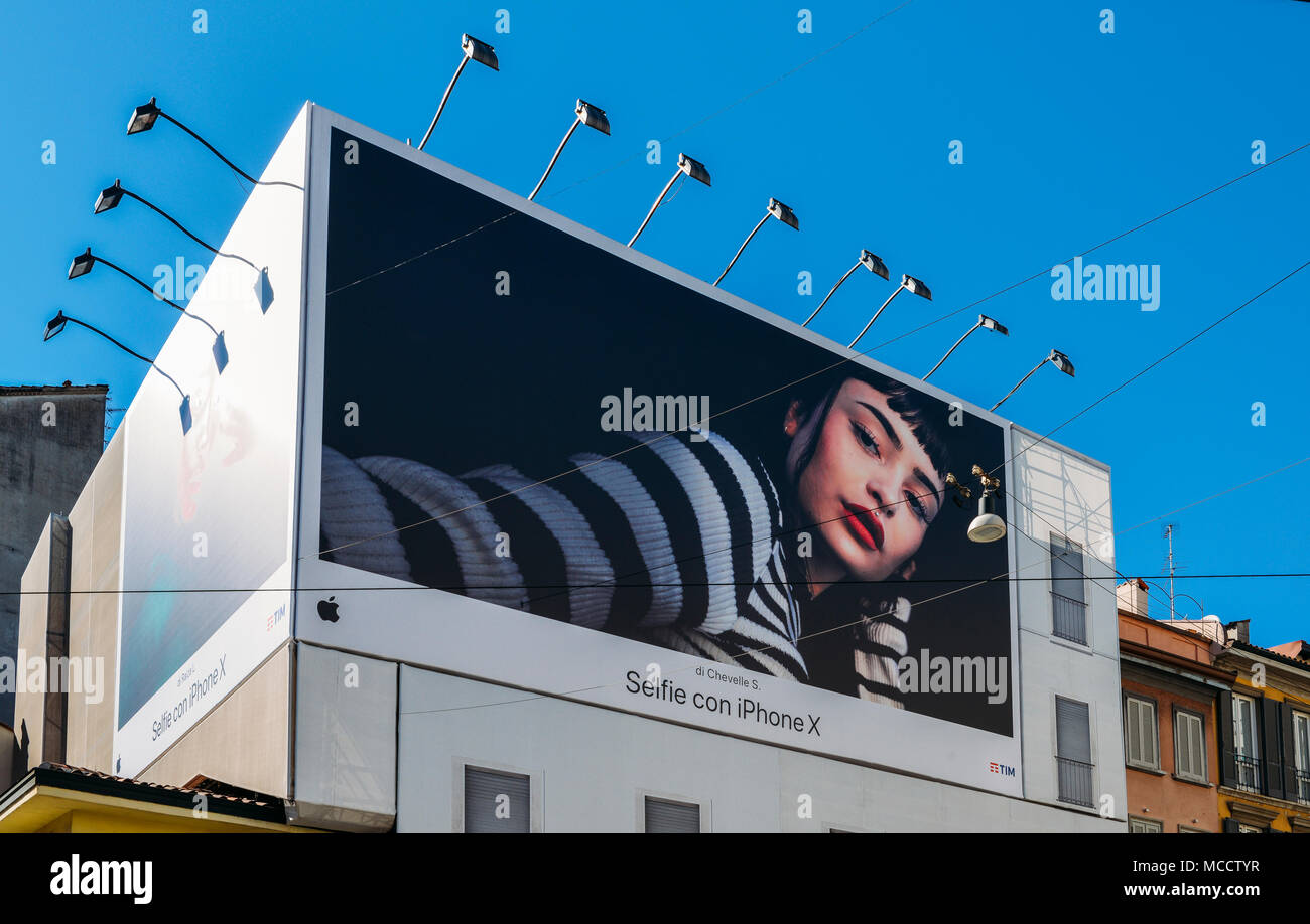 Giant Iphone X billboard display in Milan, Italy Stock Photo