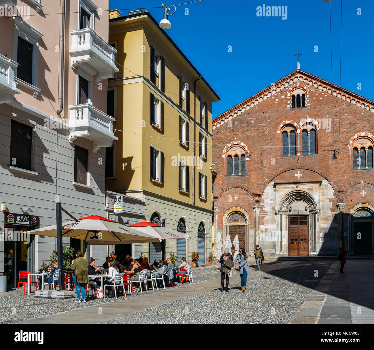 Milan, Italy - April 1st, 2018: People relax at a restaurant terrace in the fashionable Milan district of Brera Stock Photo