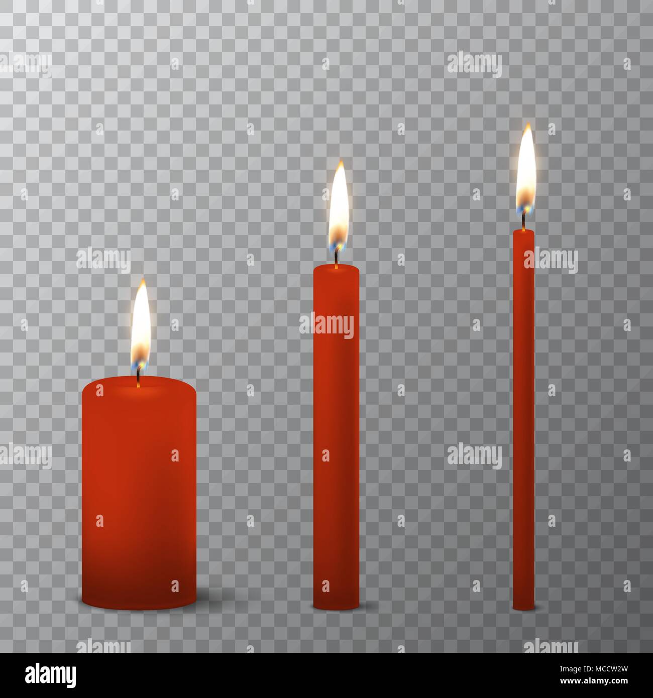 Vector 3d realistic different red paraffin or wax burning party candle