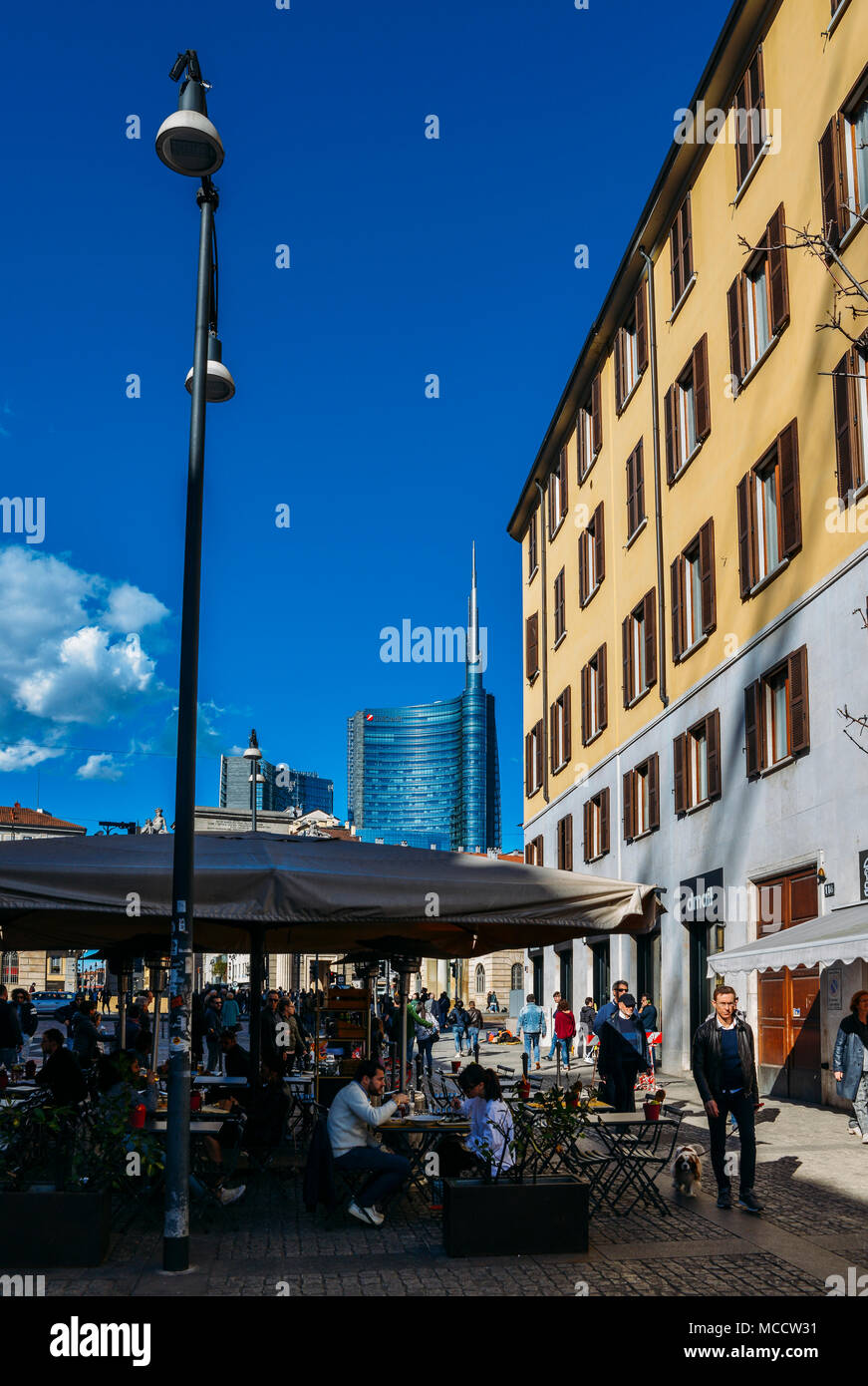 Milan, Italy - April 1st, 2018: Pedestrians at Corso Garibaldi in the historic centre of Milan Stock Photo