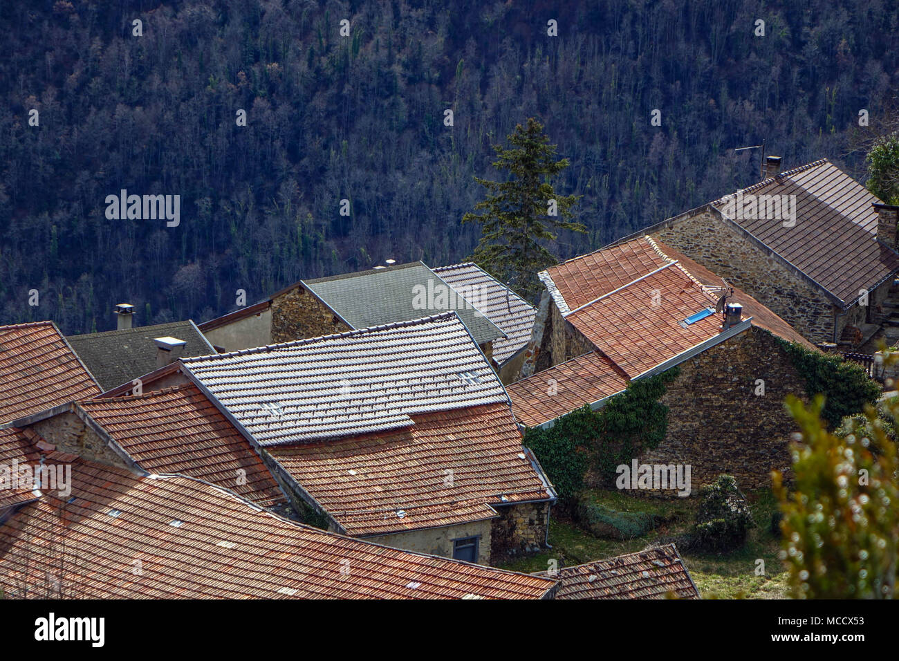 Lordat village roof tops, high above the Ariege Valley, French Pyrenees, France Stock Photo
