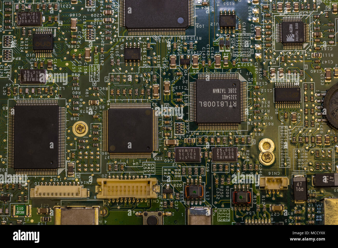 Close up view of computer motherboard showing details of different