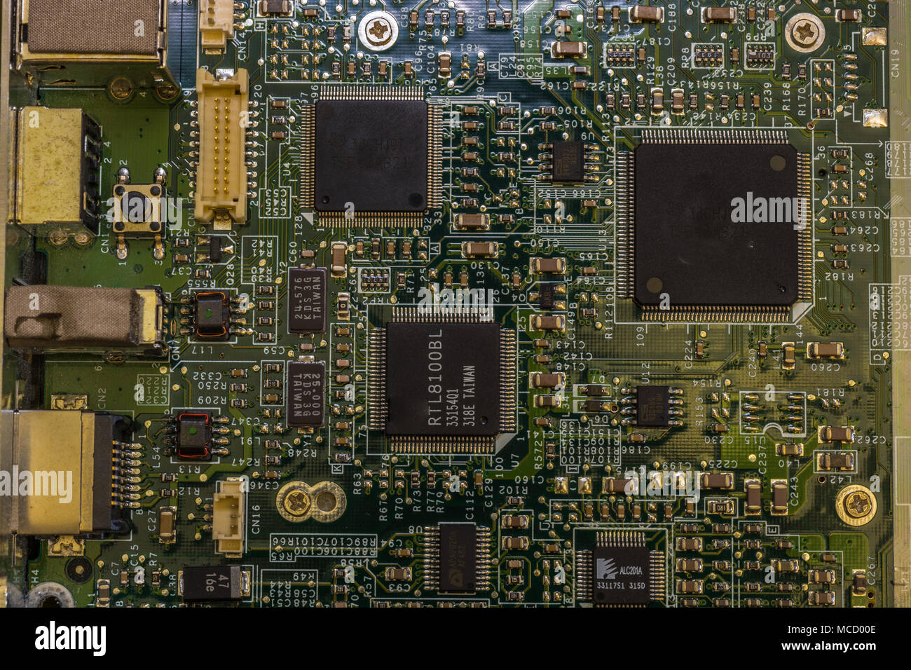 Close up view of computer motherboard showing details of different