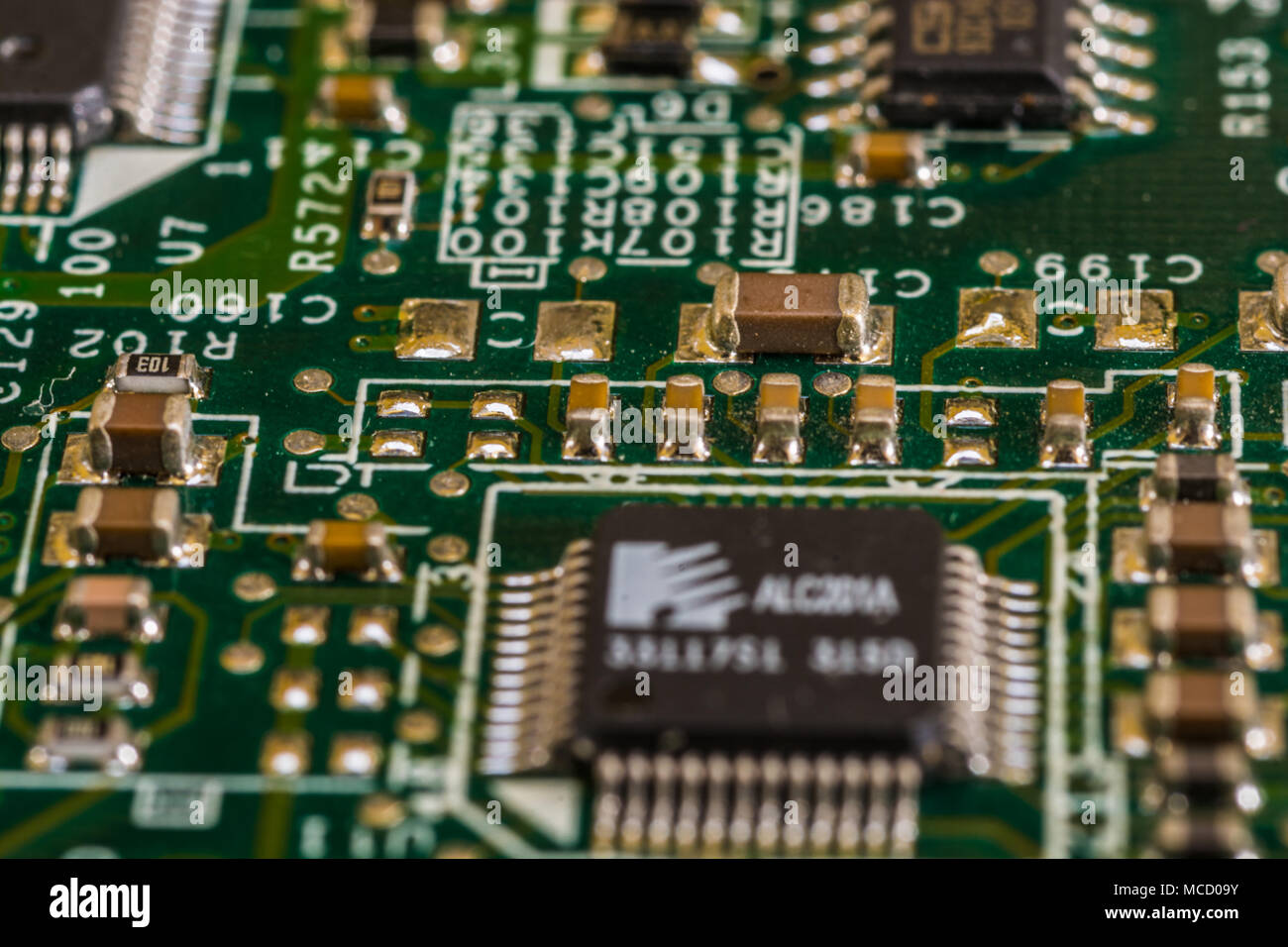 Close up view of computer motherboard showing details of different components Stock Photo