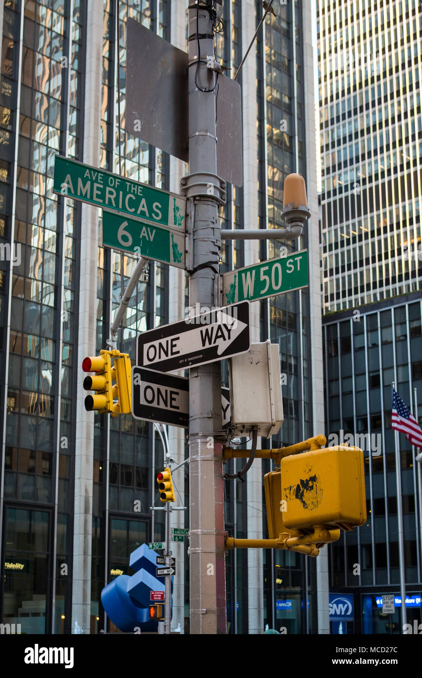 Road signs at a cross roads in New York City Stock Photo