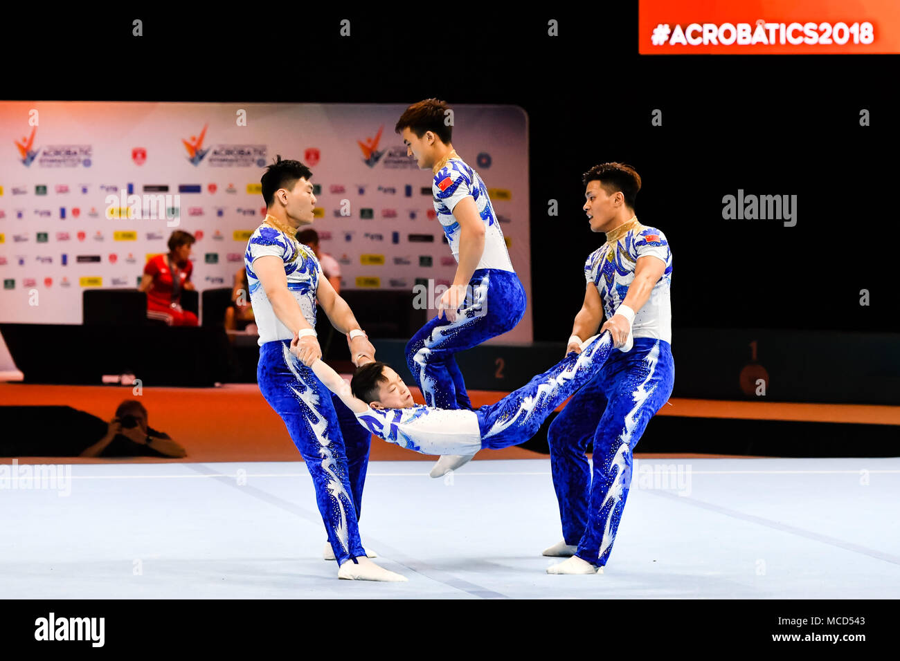 Antwerp, Belgium. 15th April 2018. Fu Zhi, Guo Fei, Jiang Heng and Zhang Junshuo  (CHN) are competing in Men's Group Qualify during the 26th World Championships Acrobatics Gymnastics 2018 at Lotto Arena on Sunday, 15 April 2018. ANTWERP, BELGIUM. Credit: Taka G Wu Credit: Taka Wu/Alamy Live News Stock Photo