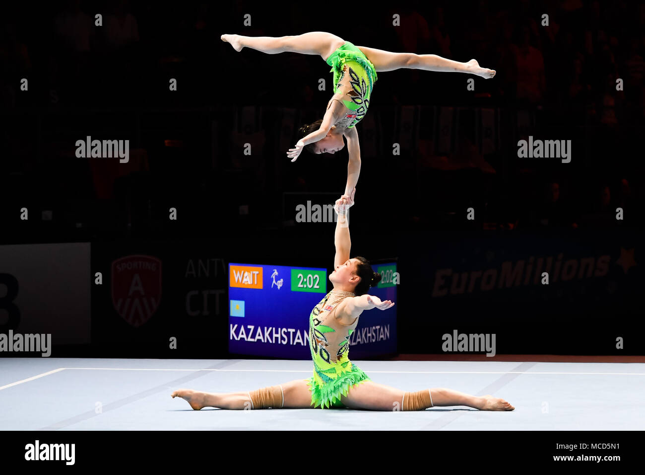 Antwerp, Belgium. 15th April 2018. Jong Kum Hwa and Pyon Yun Ae (PKR) are competing in Women's Pair Qualification Combined during the 26th World Championships Acrobatics Gymnastics 2018 at Lotto Arena on Sunday, 15 April 2018. ANTWERP, BELGIUM. Credit: Taka G Wu Credit: Taka Wu/Alamy Live News Stock Photo