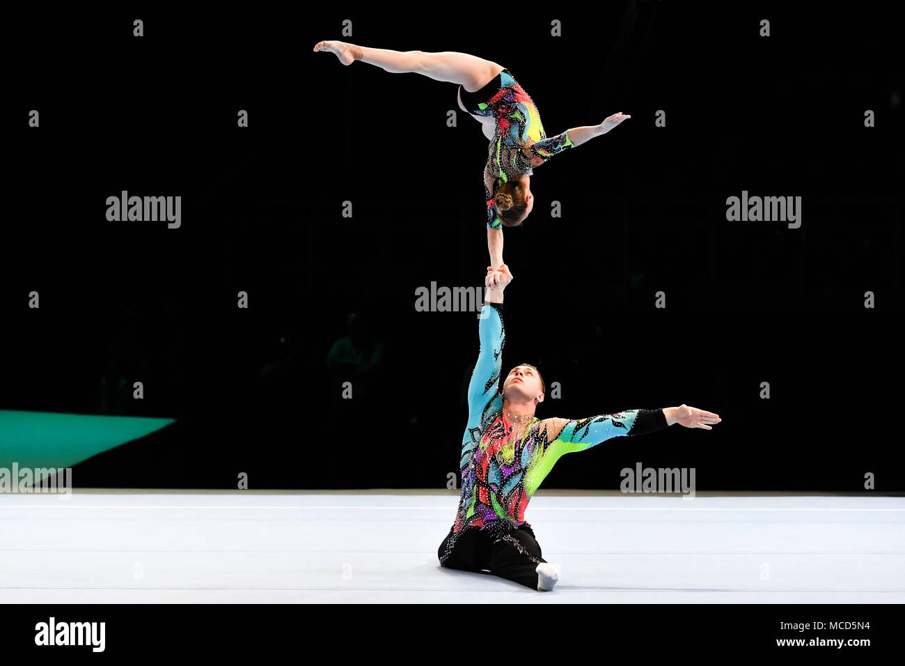Antwerp, Belgium. 15th April 2018. Marina Chernova and Georgii Pataraia (RUS)  are competing in Mixed  Pair Qualification Combined during the 26th World Championships Acrobatics Gymnastics 2018 at Lotto Arena on Sunday, 15 April 2018. ANTWERP, BELGIUM. Credit: Taka G Wu Credit: Taka Wu/Alamy Live News Stock Photo