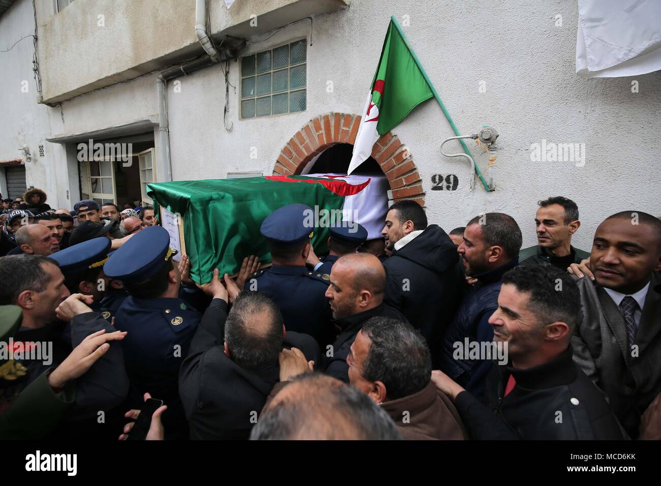 Algiers. 15th Apr, 2018. People attend the funeral of crashed military plane pilot Sadiki Mahrez in Algiers, Algeria, on April 15, 2018. A total of 257 people were killed on Wednesday morning in a military plane crash in Algeria's Blida Province, 30 km southwest of the capital Algiers. Credit: Xinhua/Alamy Live News Stock Photo