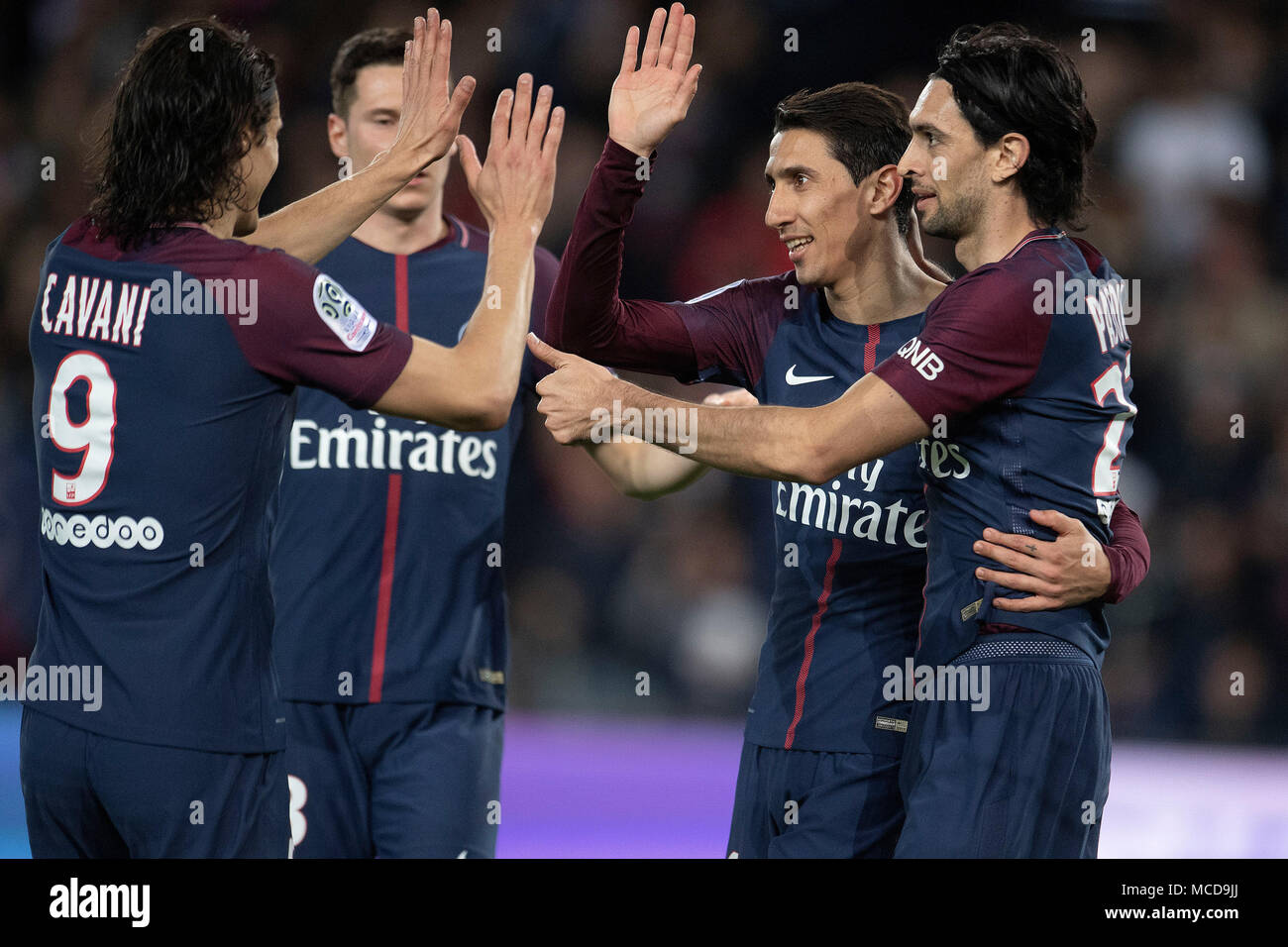 Paris, Julian Draxler and Edinson Cavani (from R to L) from Paris Saint-Germain celebrate their goal during their match against Monaco of French Ligue 1 2017-18 season 33rd round in Paris. 15th Apr, 2018. Javier Pastore, Angel Di Maria, Julian Draxler and Edinson Cavani (from R to L) from Paris Saint-Germain celebrate their goal during their match against Monaco of French Ligue 1 2017-18 season 33rd round in Paris, France on April 15, 2018. Paris Saint-Germain won Monaco with 7-1 at home and won the championship. Credit: Jack Chan/Xinhua/Alamy Live News Stock Photo